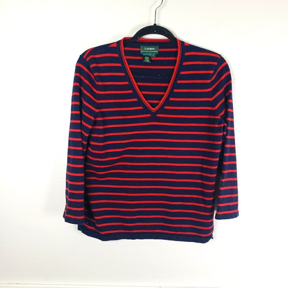 Women's Lauren Ralph Lauren Red Blue Striped Pullover V-Neck Top Size Large
